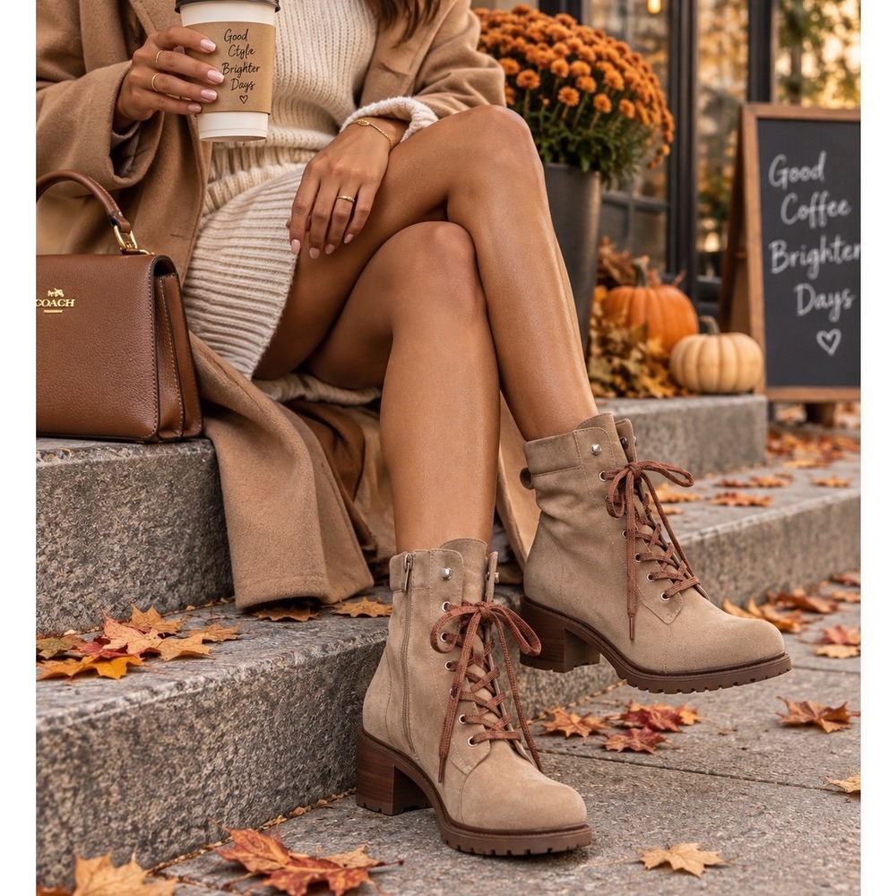 Vince Camuto Gaviana Tan Suede Lace Up Lug Sole Combat Boots Size 9M 40